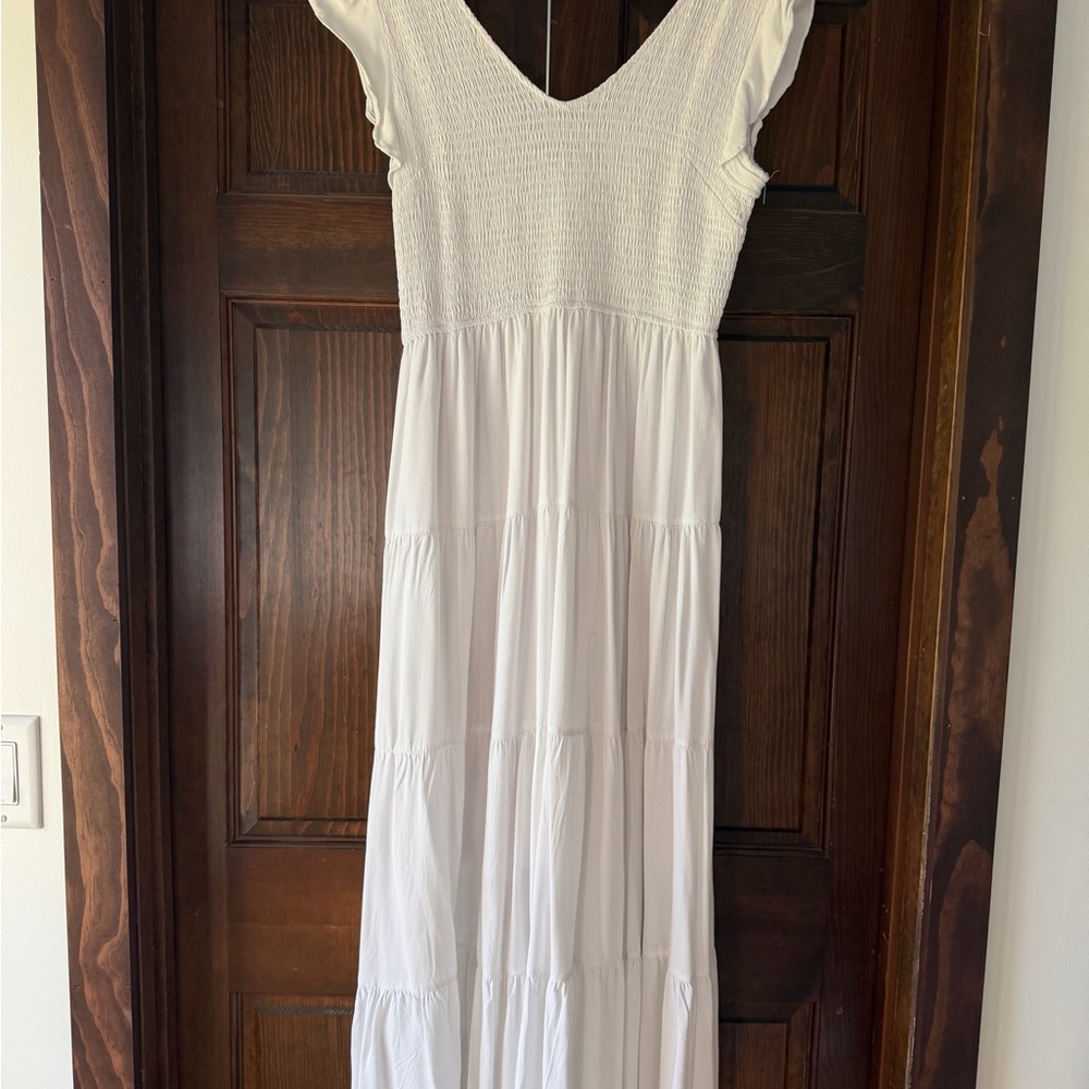 Women's White Maxi Dress with Smocked Bodice